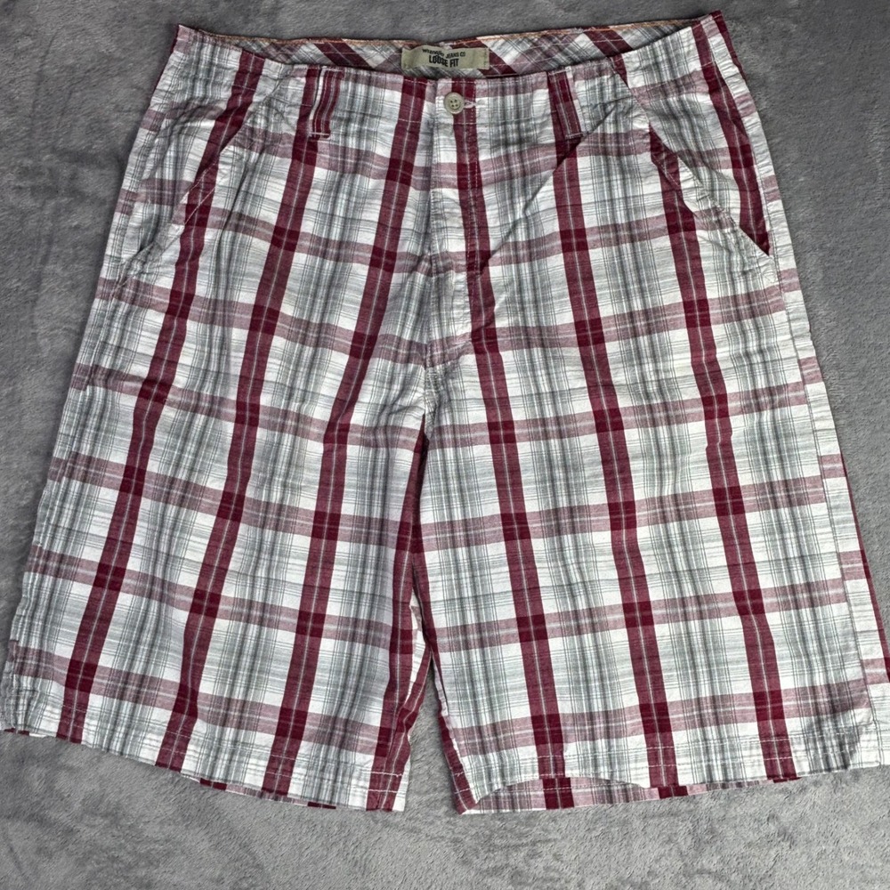 Wrangler‎ Shorts Mens 36 Burgundy Grey Plaid Loose Fit Cotton Casual 61NEW8X